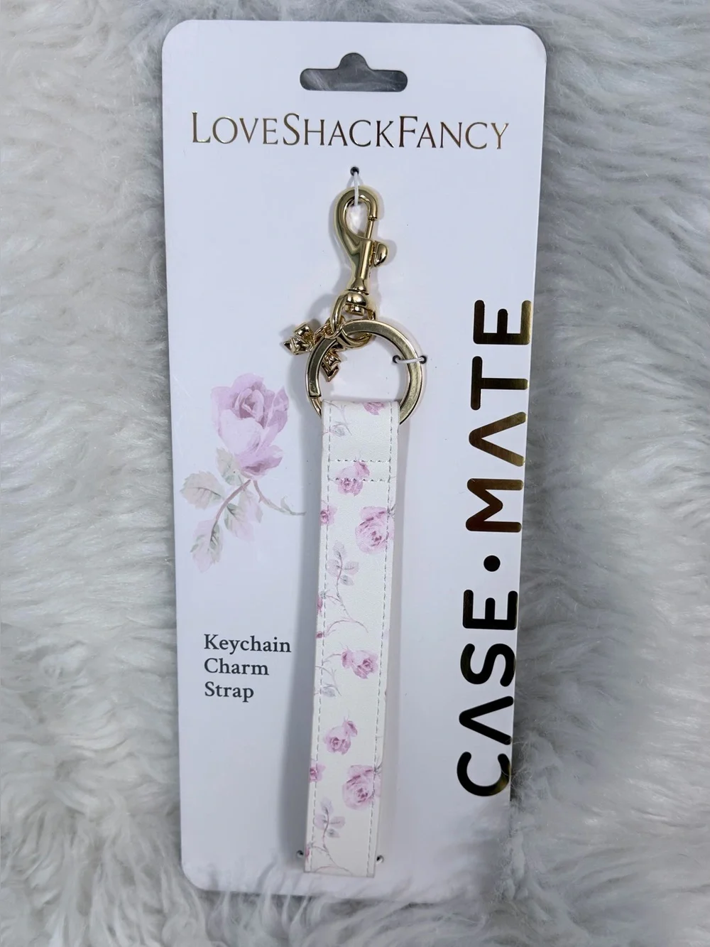 NWT LoveShackFancy Case-Mate Floral Strap Bow Keyring Charm White Pink Gold New